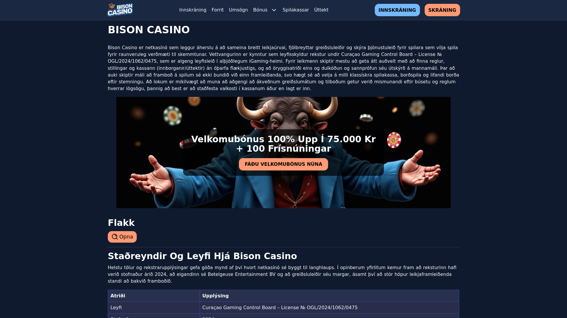 website screenshot of https://bisoncasino.is/