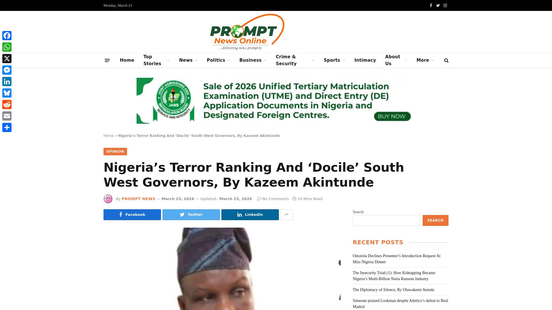 website screenshot of https://promptnewsonline.com/nigerias-terror-ranking-and-docile-south-west-governors-by-kazeem-akintunde/