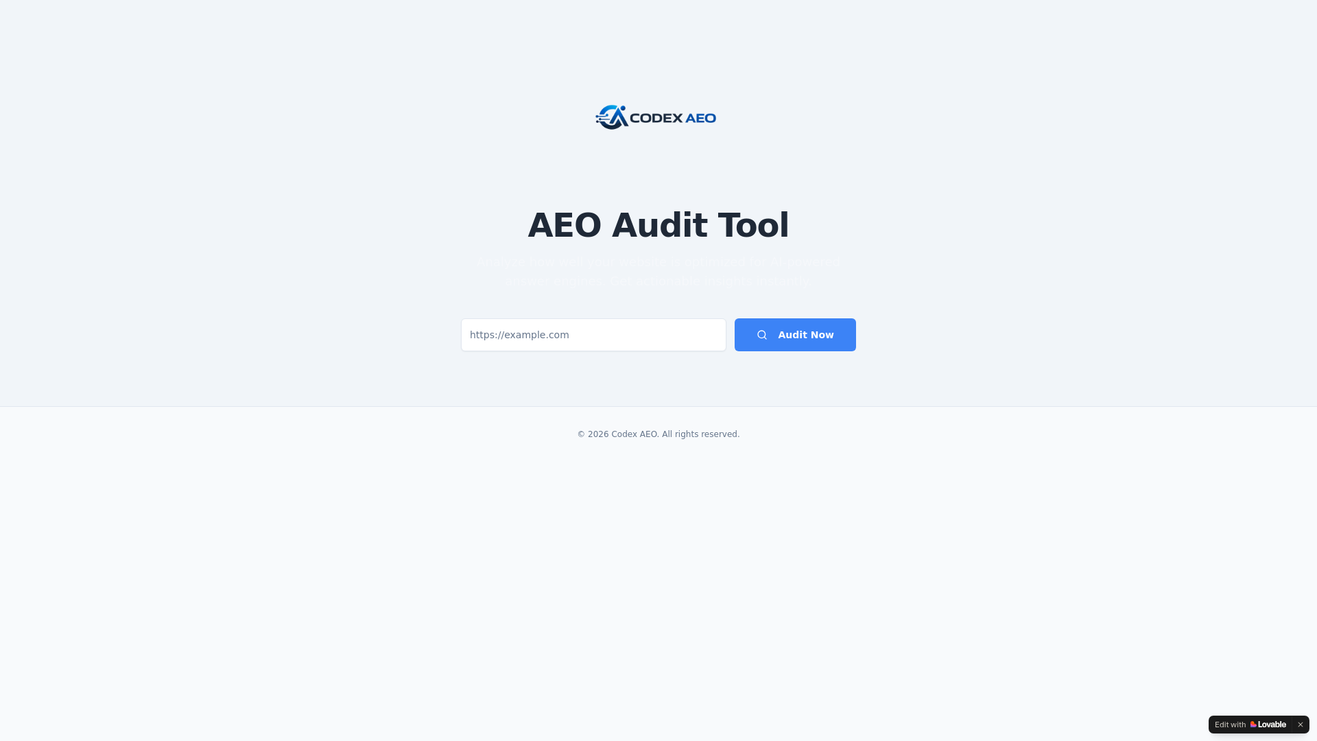 website screenshot of https://codexaeoauditool.com/