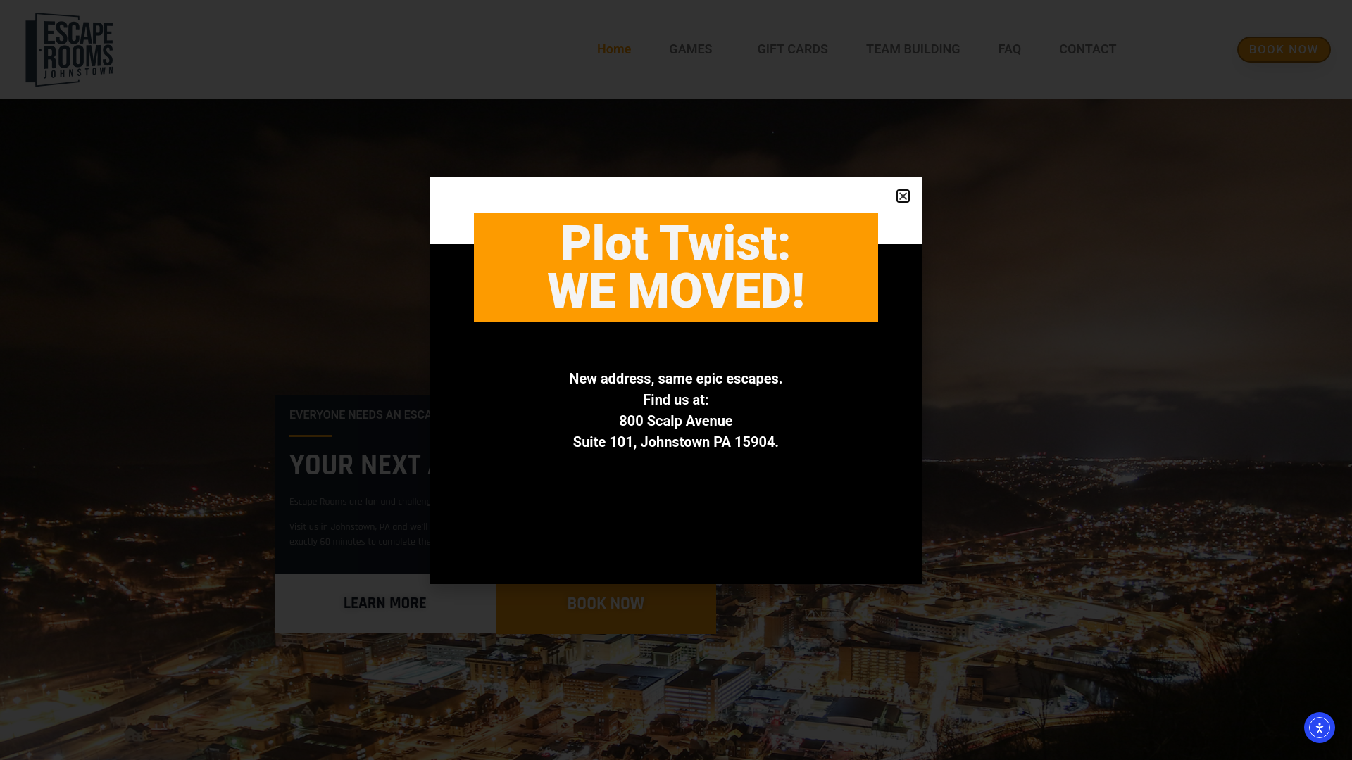 website screenshot of https://escaperoomsjohnstown.com/