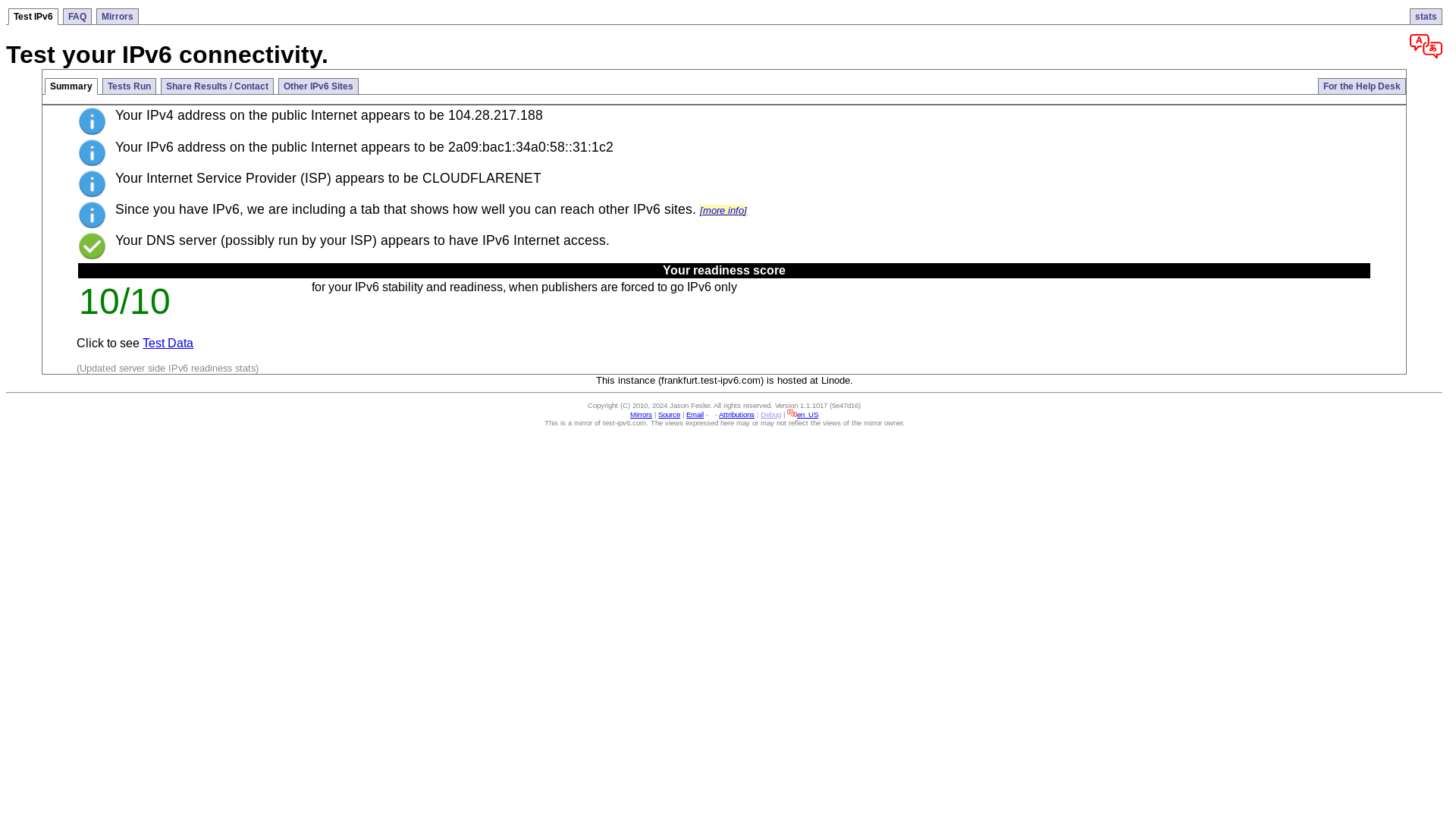 website screenshot of https://test-ipv6.com/