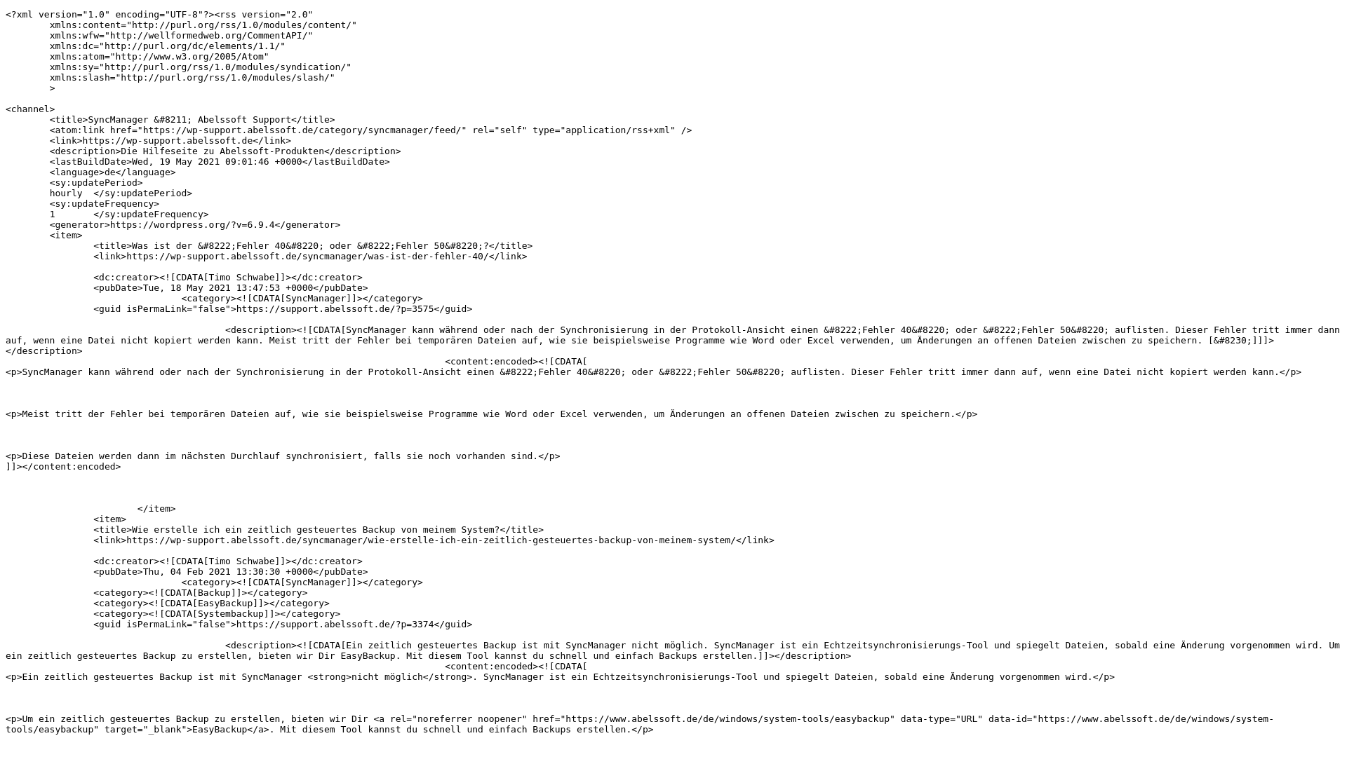 website screenshot of https://support.abelssoft.de/category/syncmanager/feed/