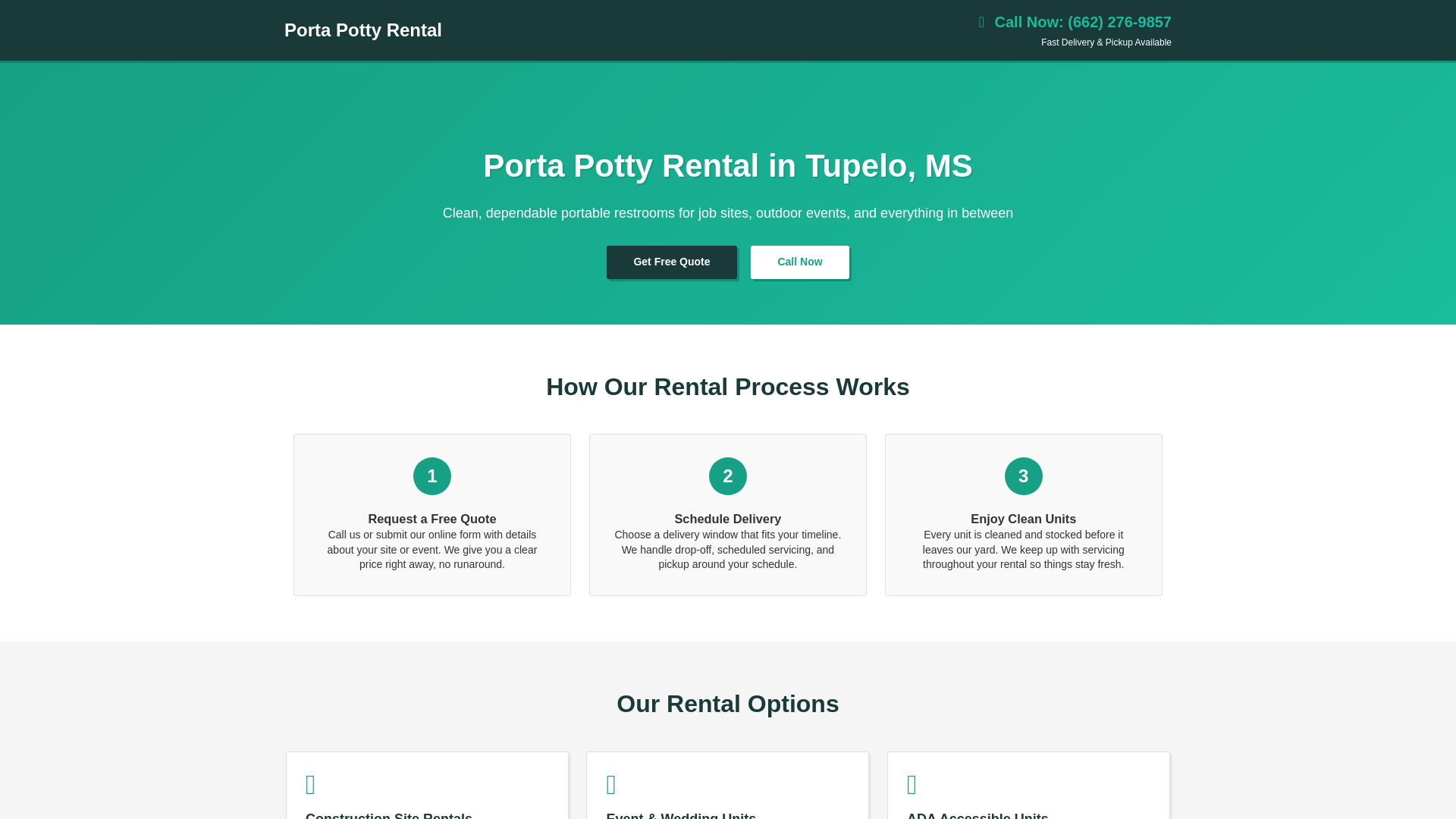 website screenshot of https://portapottyrentalstupelocity.com/