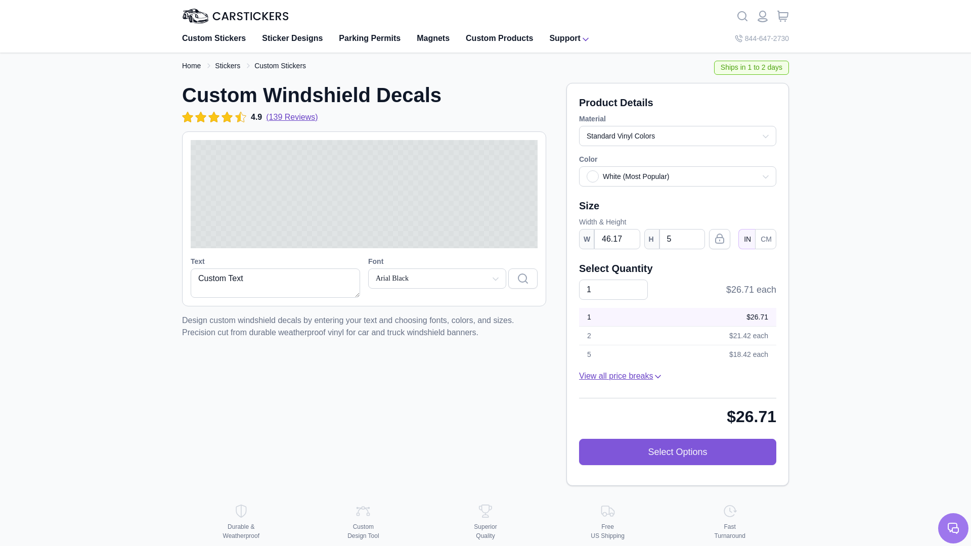 website screenshot of https://www.carstickers.com/products/stickers/custom-stickers/lettering/windshield-decals/