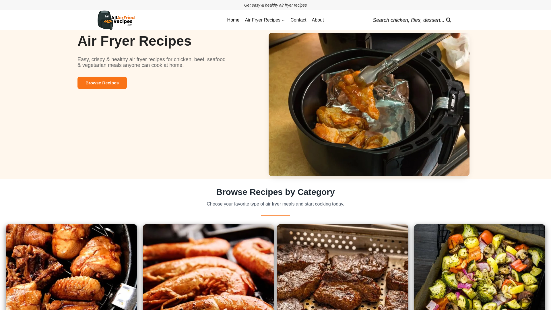 website screenshot of https://allairfriedrecipes.com