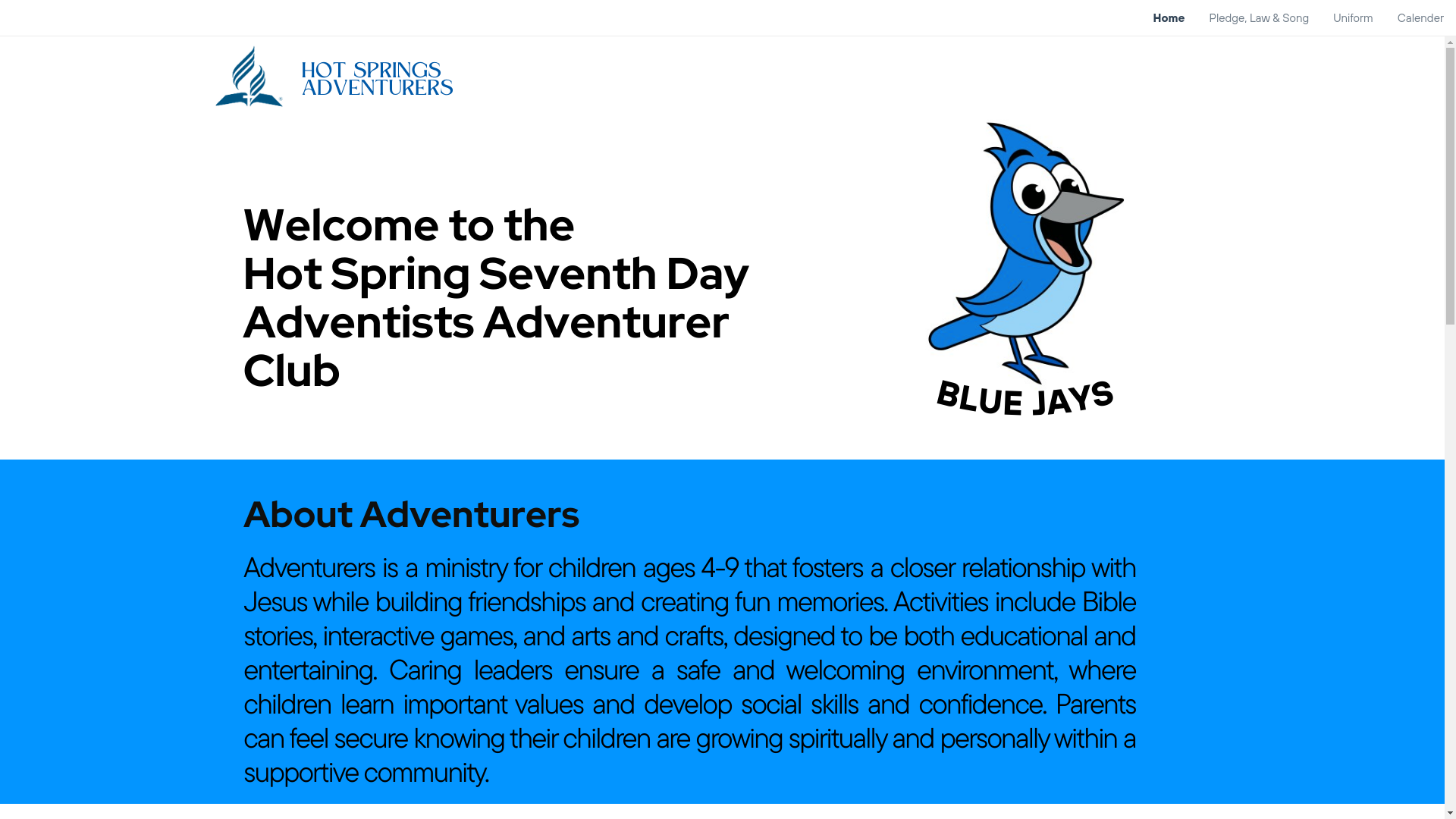 website screenshot of https://bluejayadventurers.com/