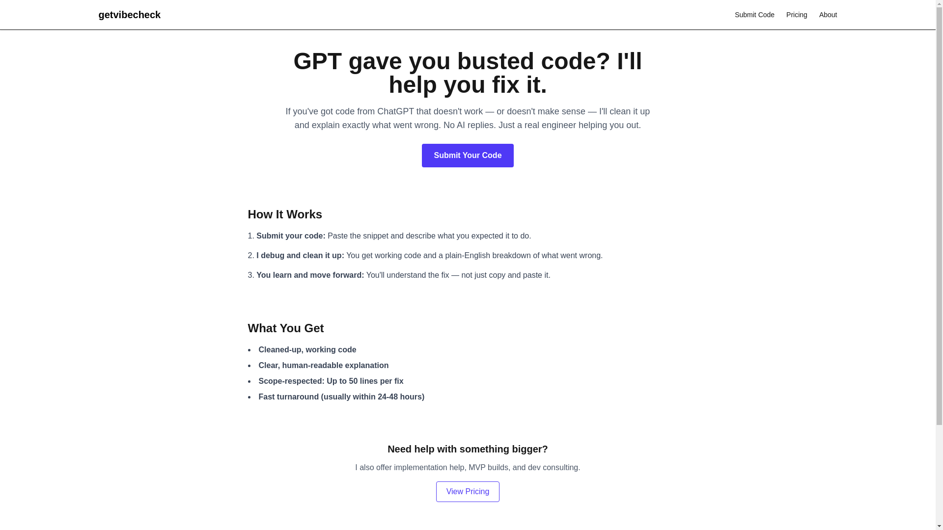 website screenshot of https://getvibecheck.dev/