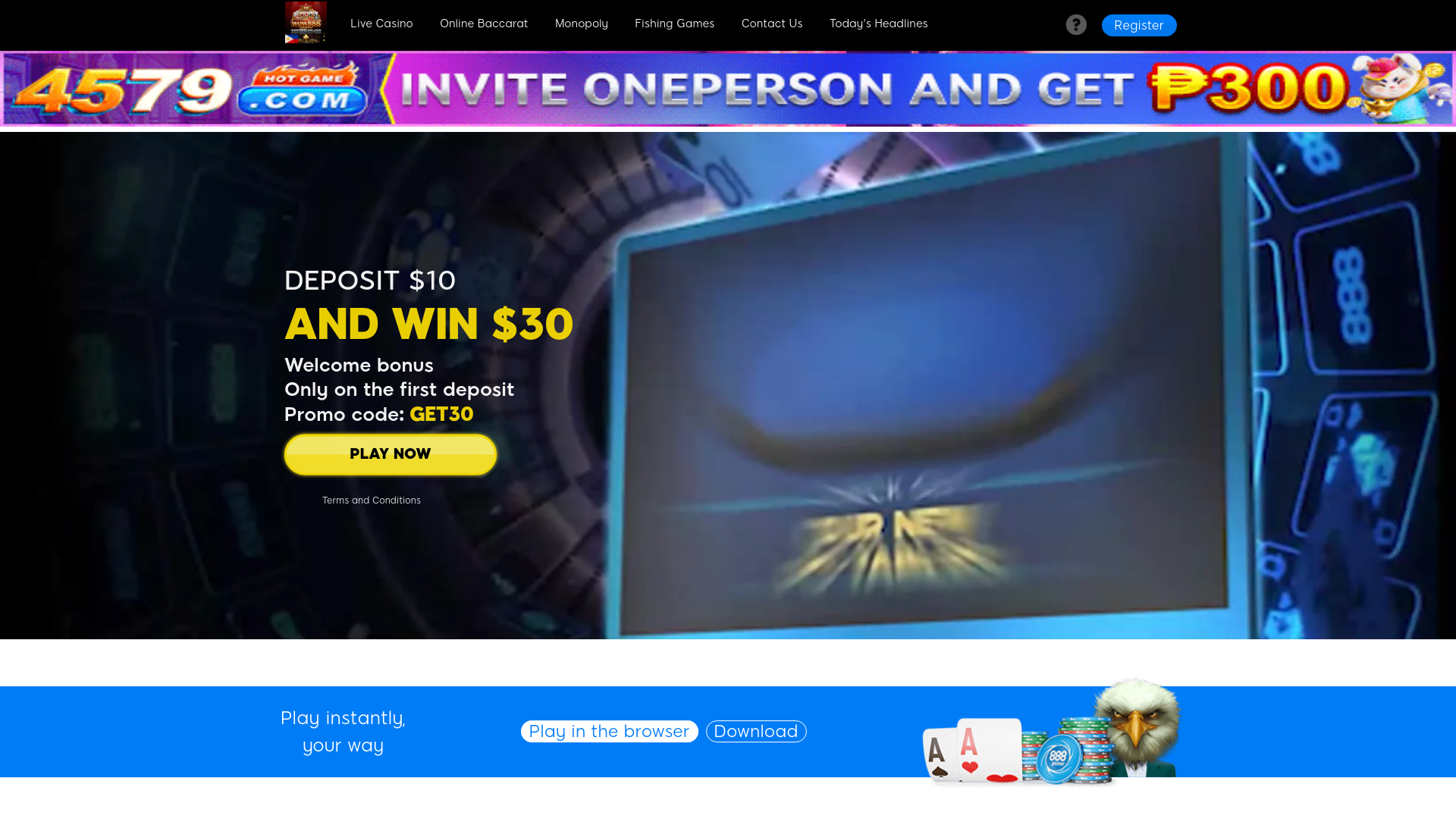 website screenshot of https://wow888com.com