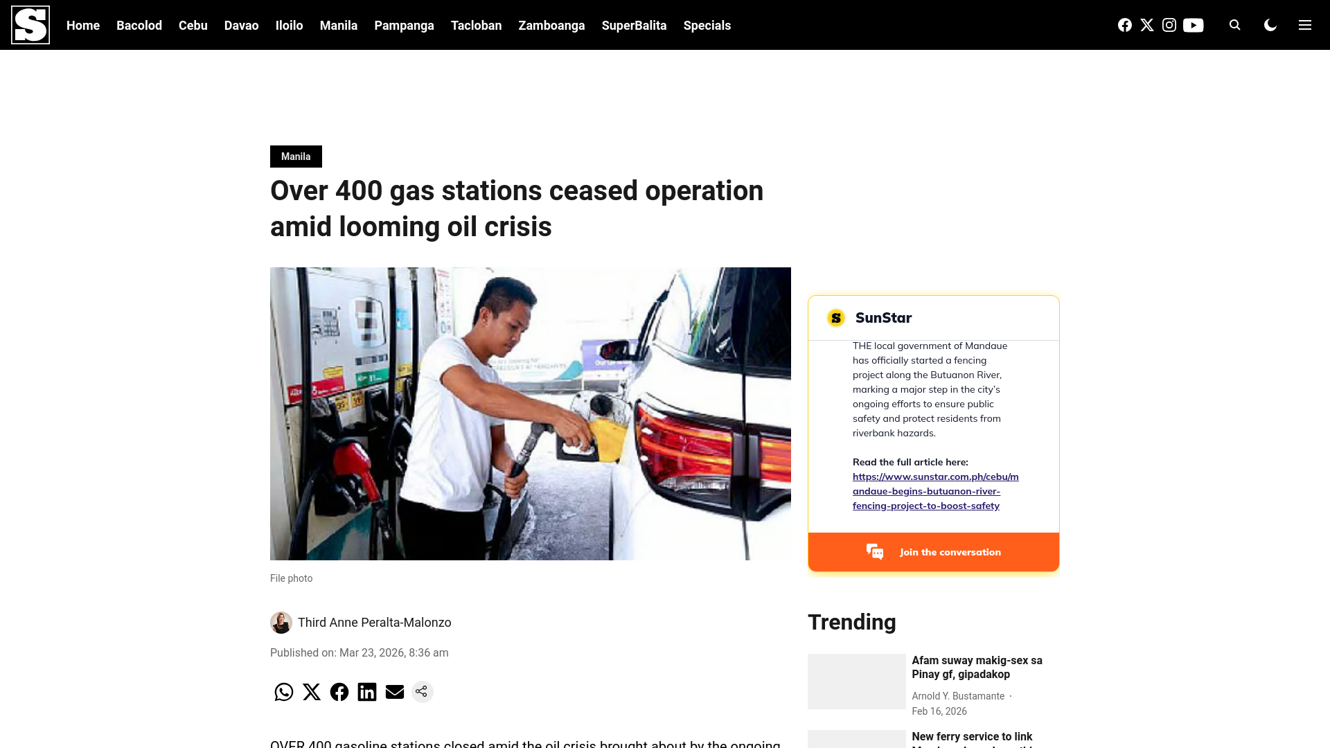 website screenshot of https://www.sunstar.com.ph/manila/over-400-gas-stations-ceased-operation-amid-looming-oil-crisis