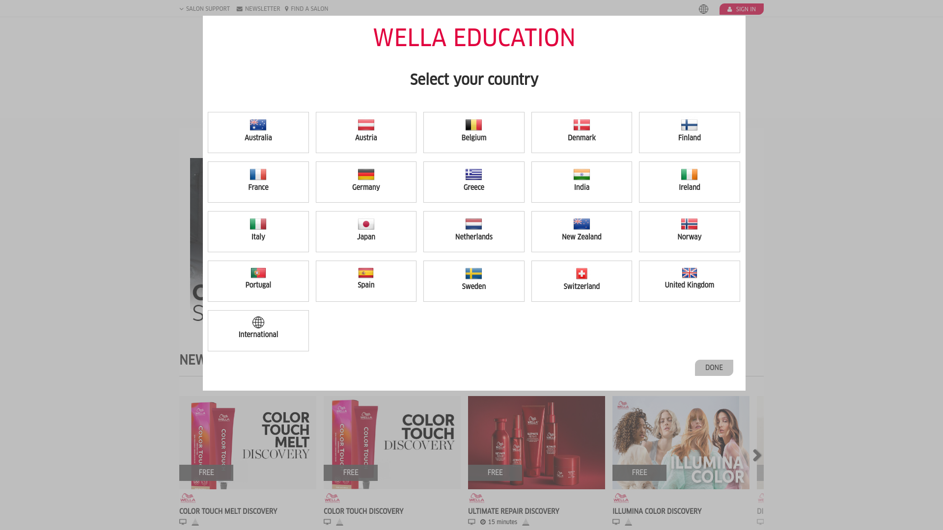 website screenshot of https://education.wella.com/home
