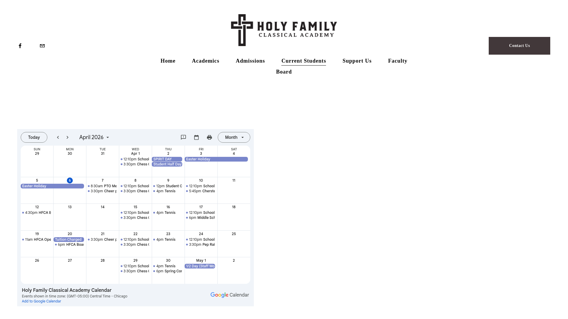 website screenshot of https://www.holyfamilyclassical.org/calendar
