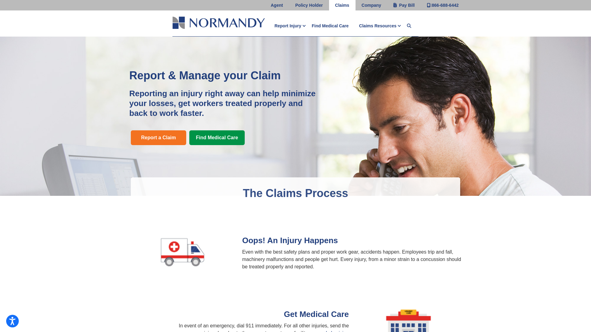 website screenshot of https://www.normandyins.com/claims-home