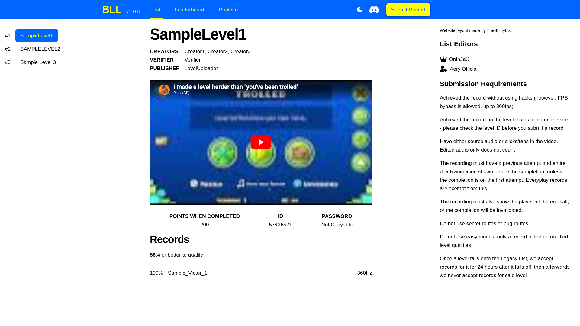website screenshot of https://banana-levels-list.pages.dev/