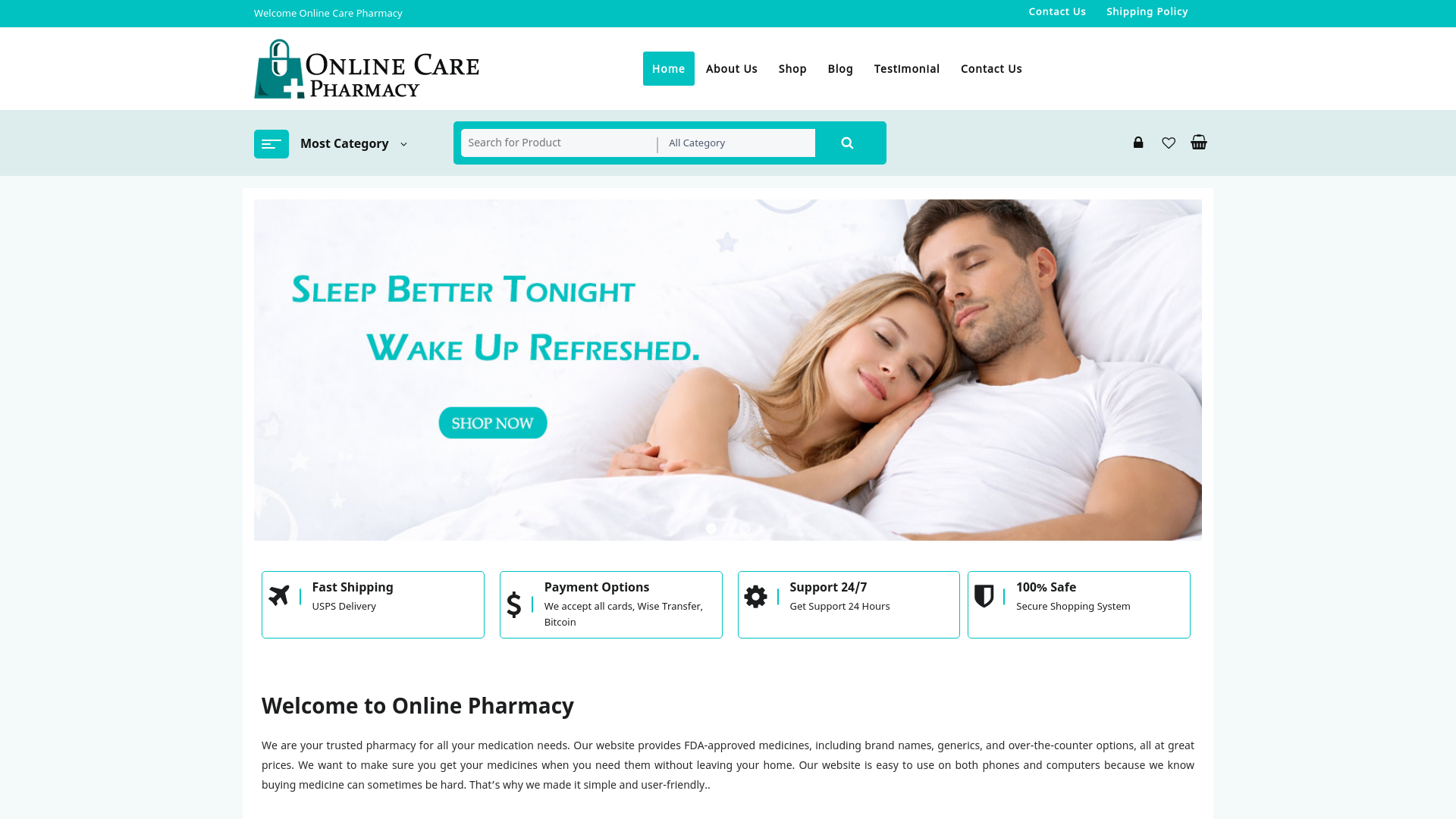 website screenshot of https://onlinecarepharmacy.mypillcart.com