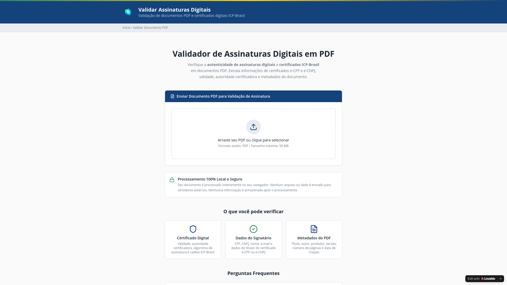 website screenshot of https://validarassinaturas.com.br/