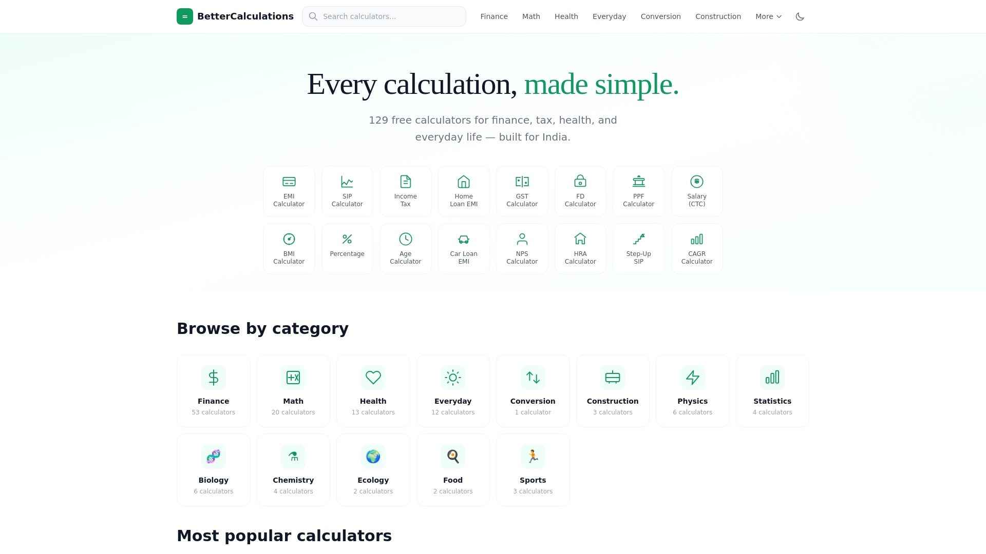 website screenshot of https://bettercalculations.com