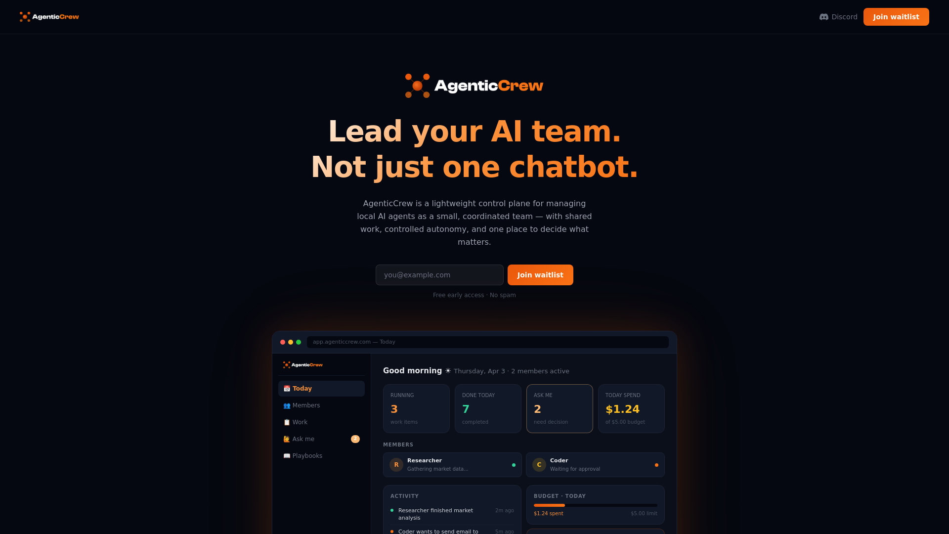 website screenshot of https://agenticcrew.dev