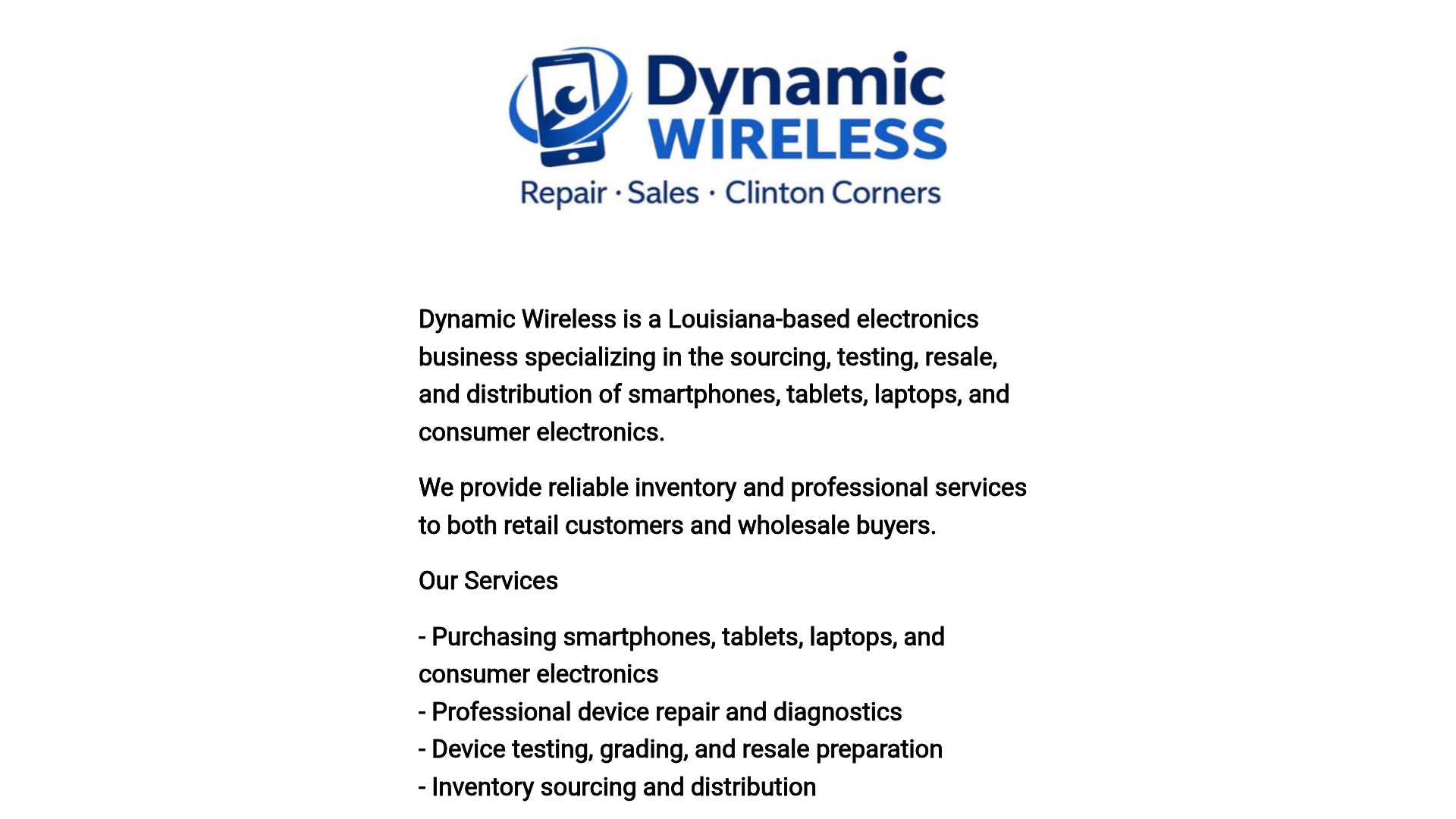 website screenshot of https://dynamicwirelessla.com