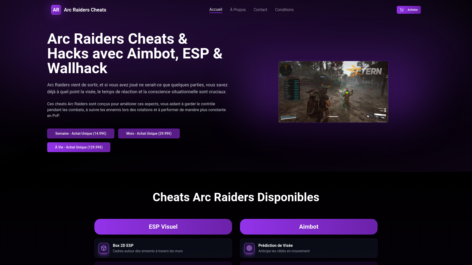 website screenshot of https://arcraiderscheat.fr/