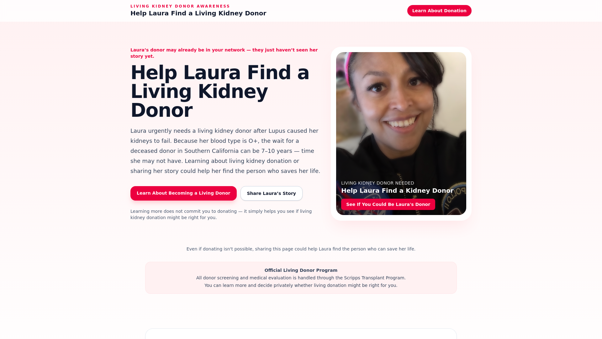 website screenshot of https://kidneyforlaura.com/