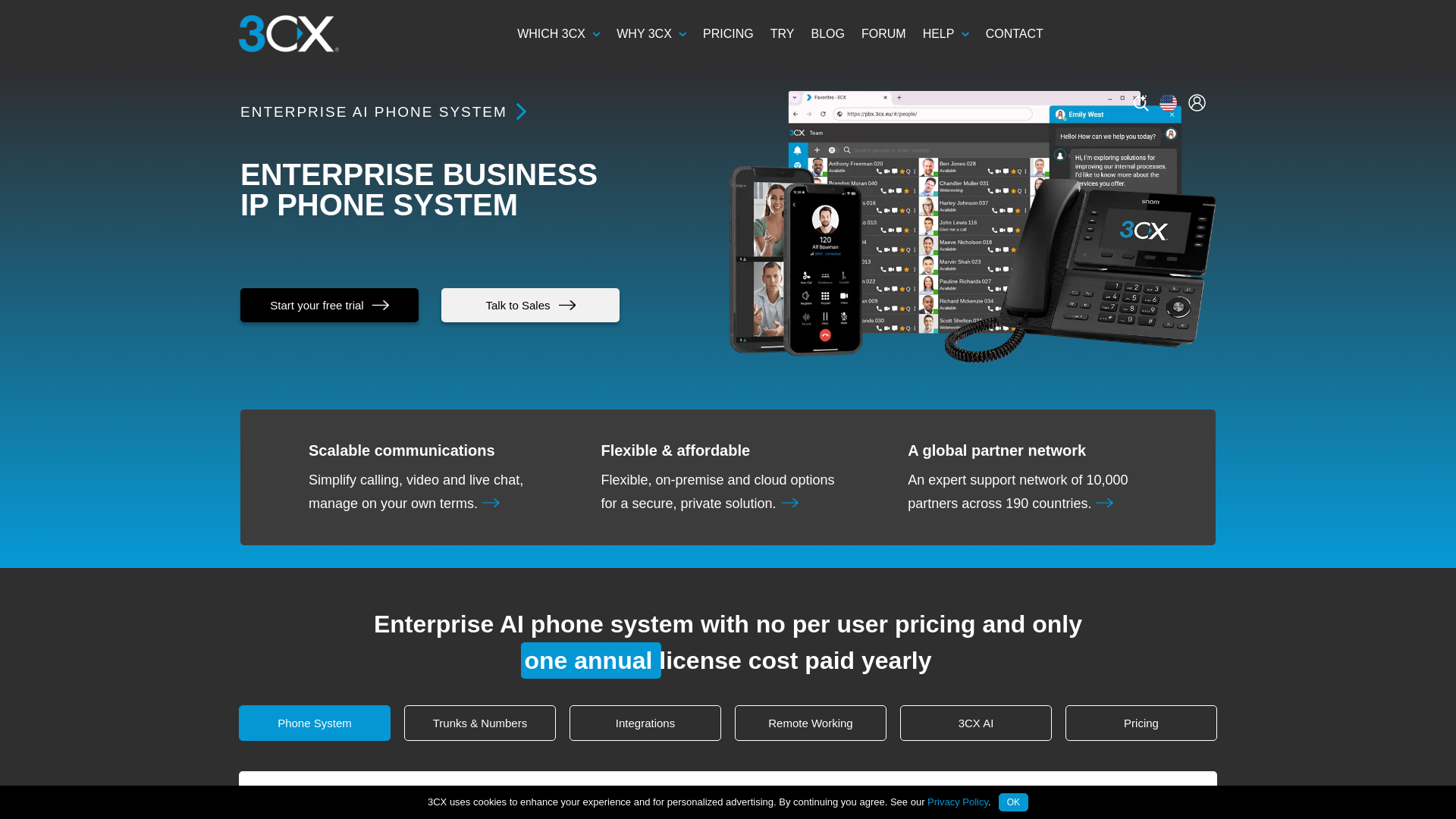 website screenshot of https://3cx.com/