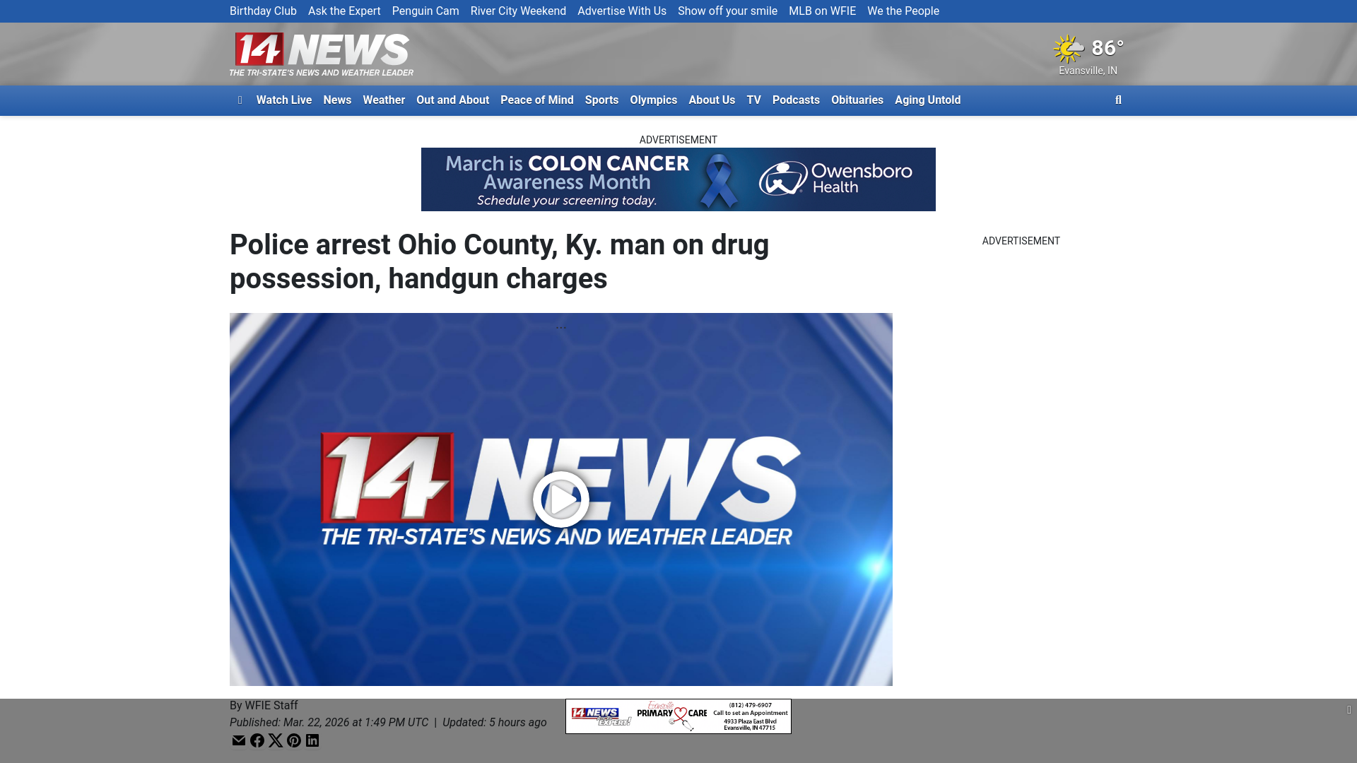 website screenshot of https://www.14news.com/2026/03/22/police-arrest-ohio-county-ky-man-drug-possession-handgun-charges/