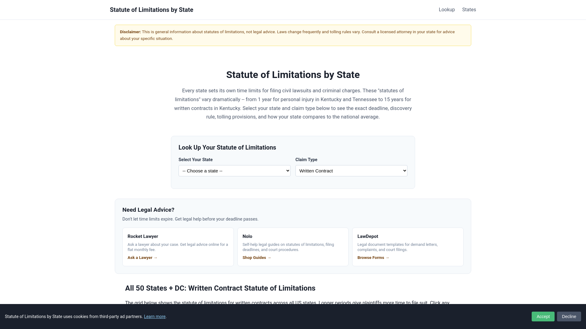 website screenshot of https://statute-of-limitations-lookup.pages.dev/