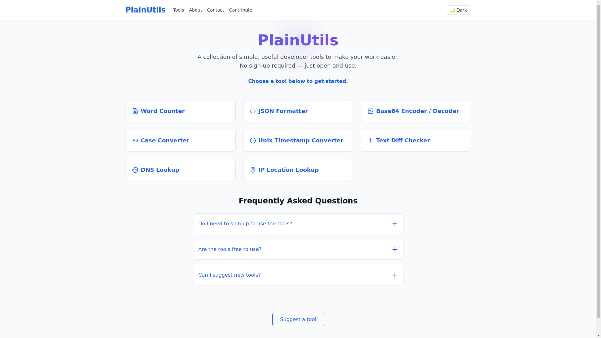website screenshot of https://plainutils.com/