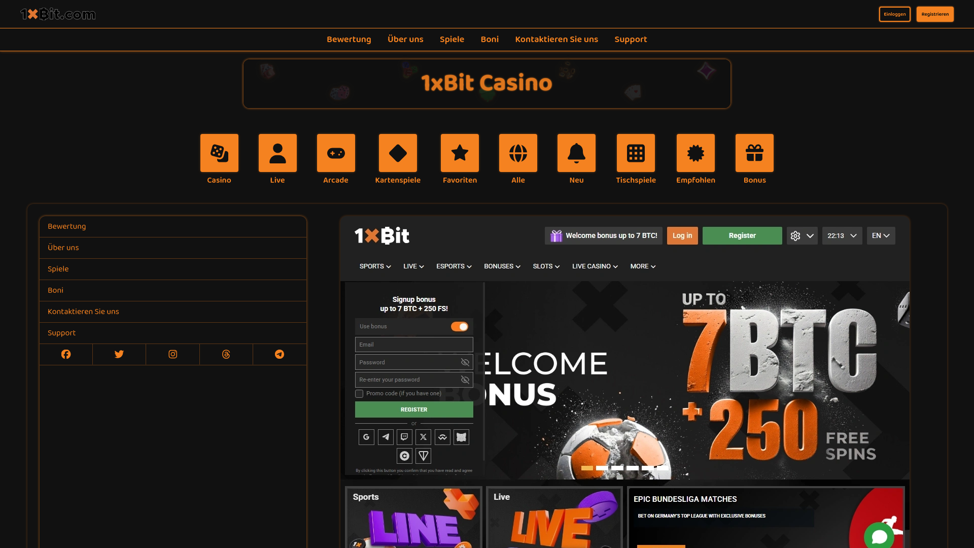 website screenshot of https://1xbitcasino.de/