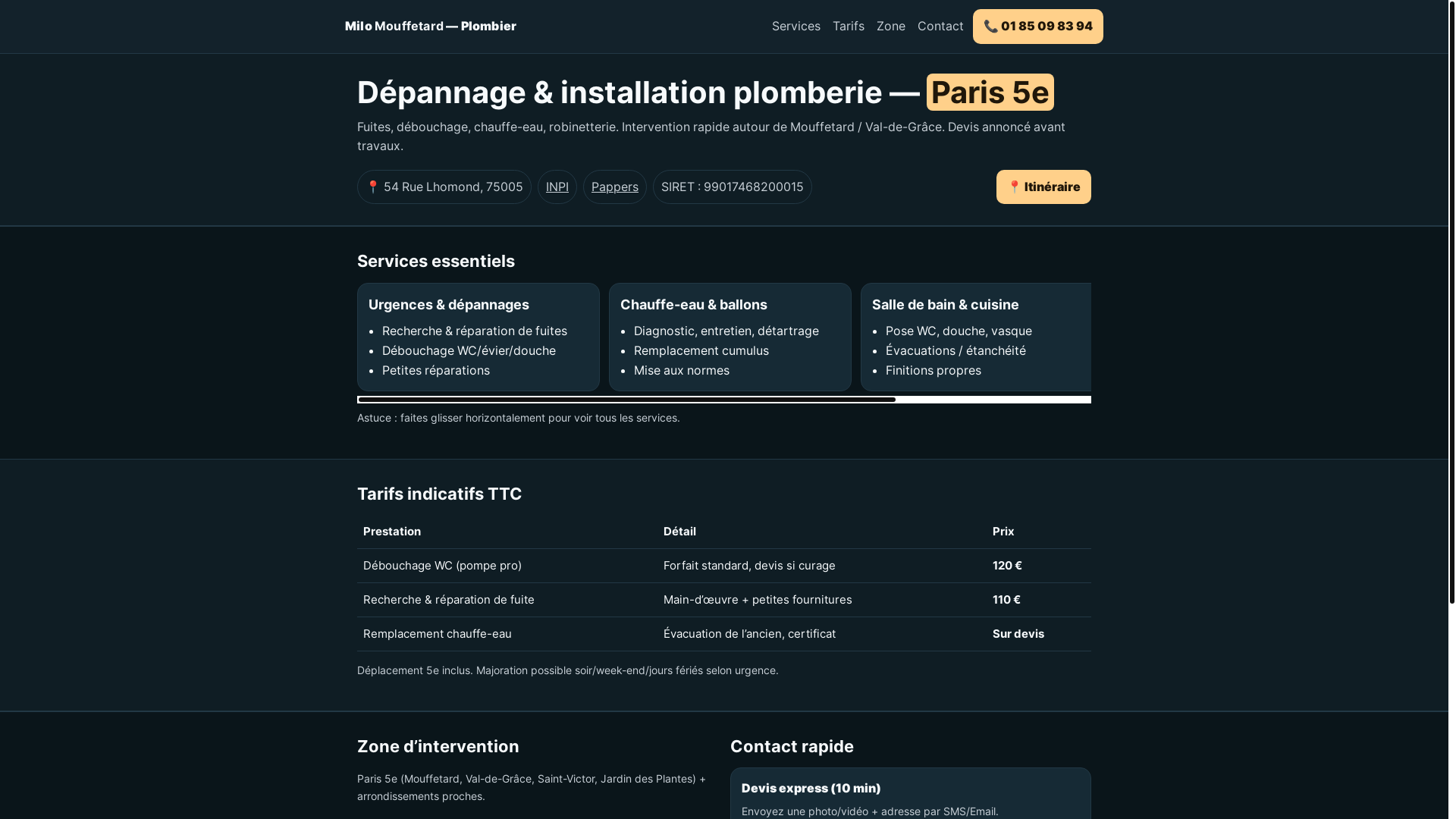 website screenshot of https://milomouffetardplombierparis5.fr/