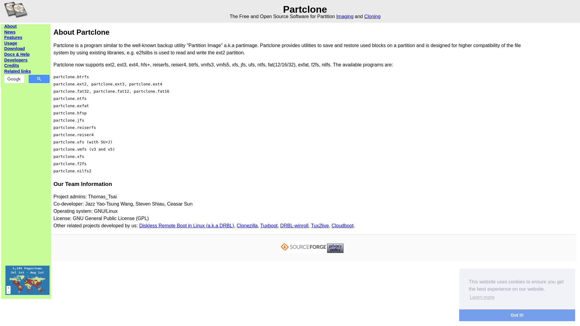 website screenshot of https://partclone.org/