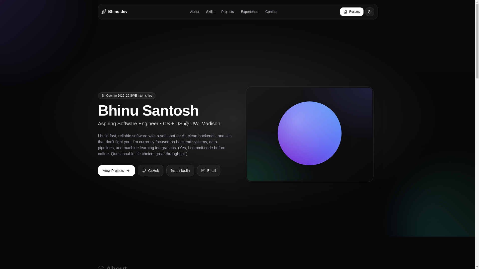 website screenshot of https://bhinu.dev/