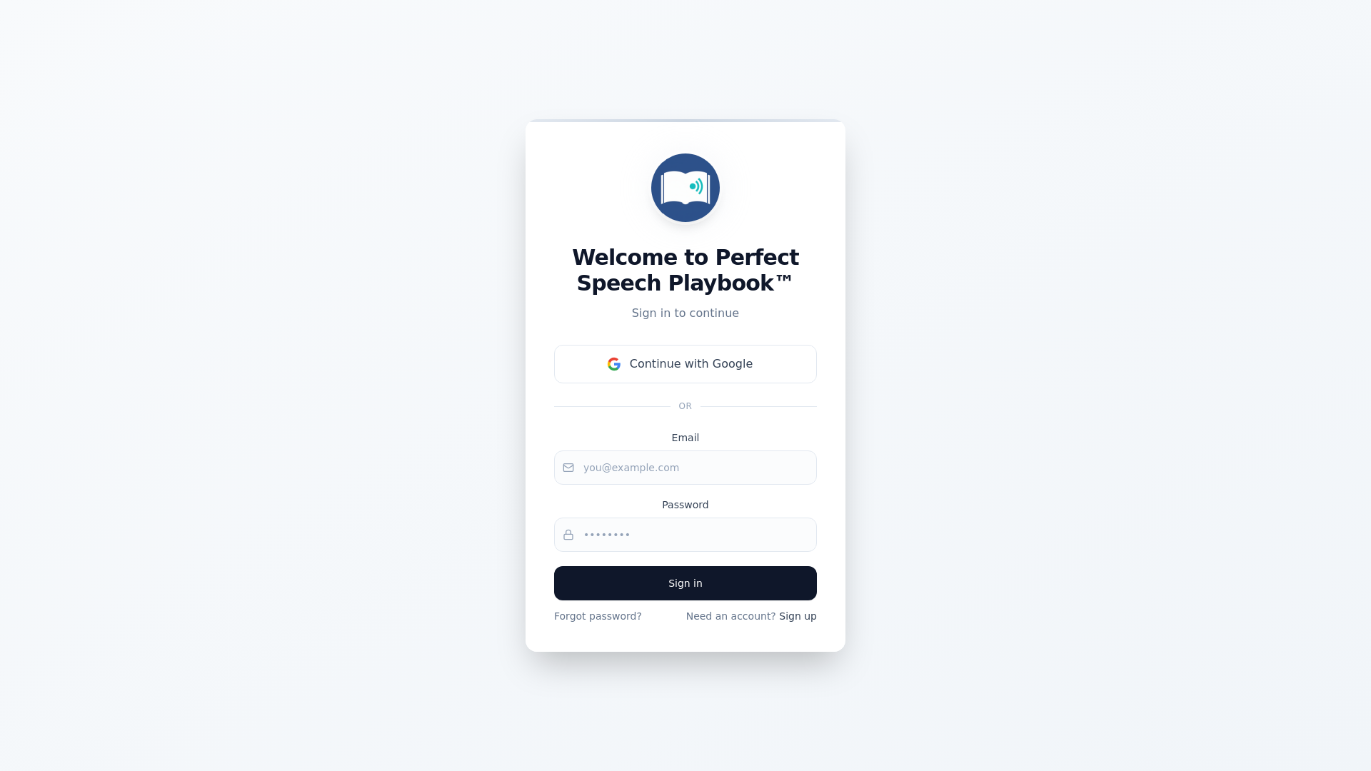 website screenshot of https://perfectspeechplaybook.app/