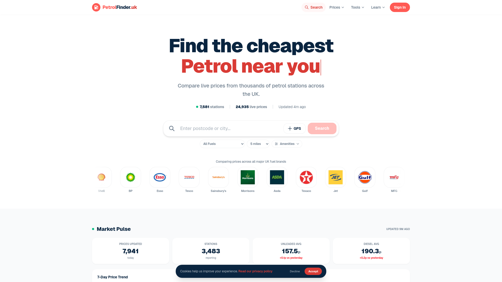 website screenshot of https://petrolfinder.uk