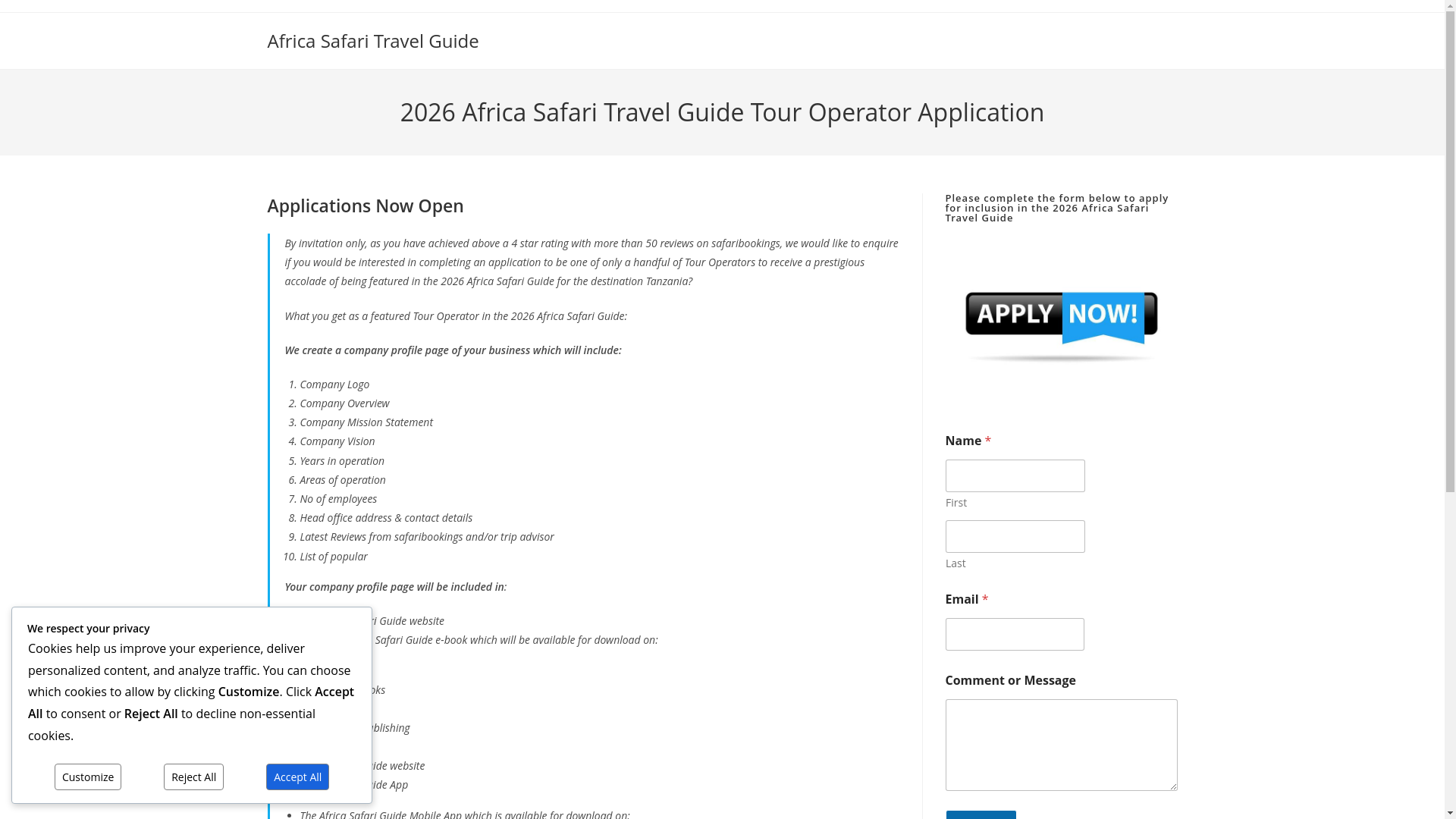 website screenshot of https://africasafaritravelguide.com/