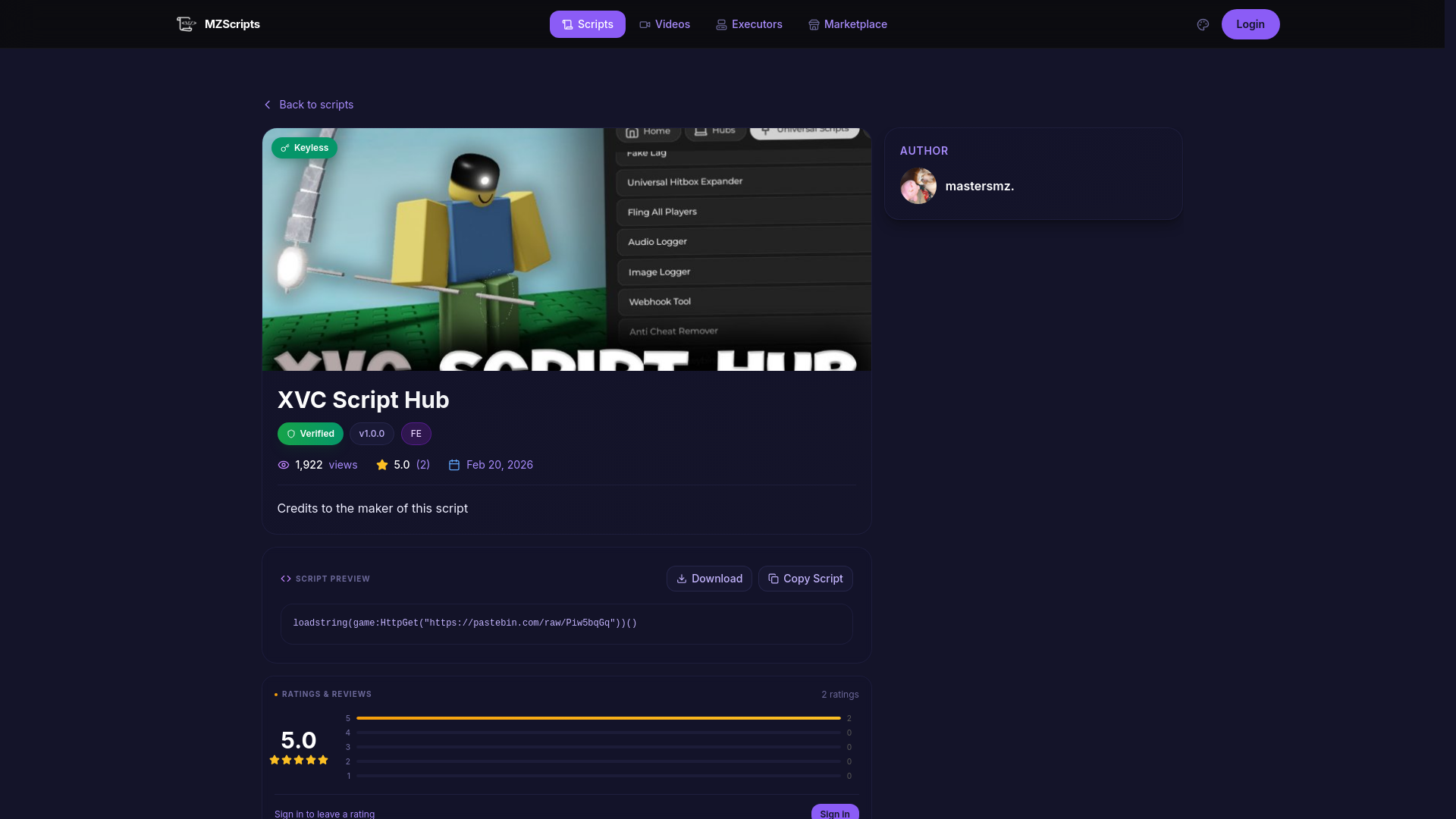 website screenshot of https://www.mzscripts.com/scripts/xvc-script-hub-133