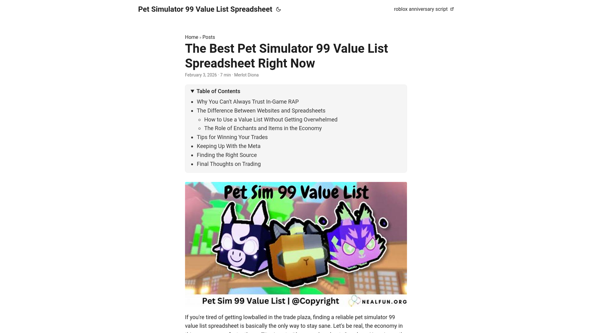 website screenshot of https://pet-simulator-99-value-list-spreadsheet.pages.dev/