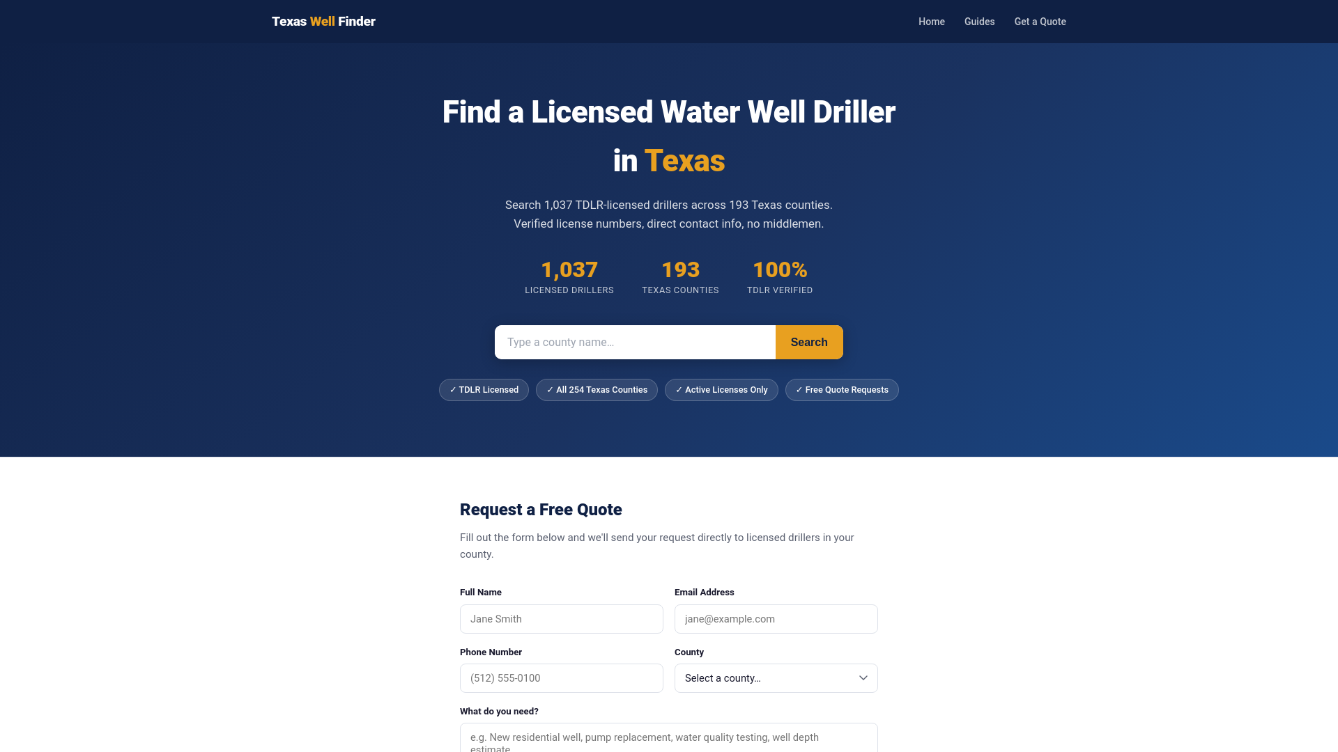 website screenshot of https://texaswellfinder.com/