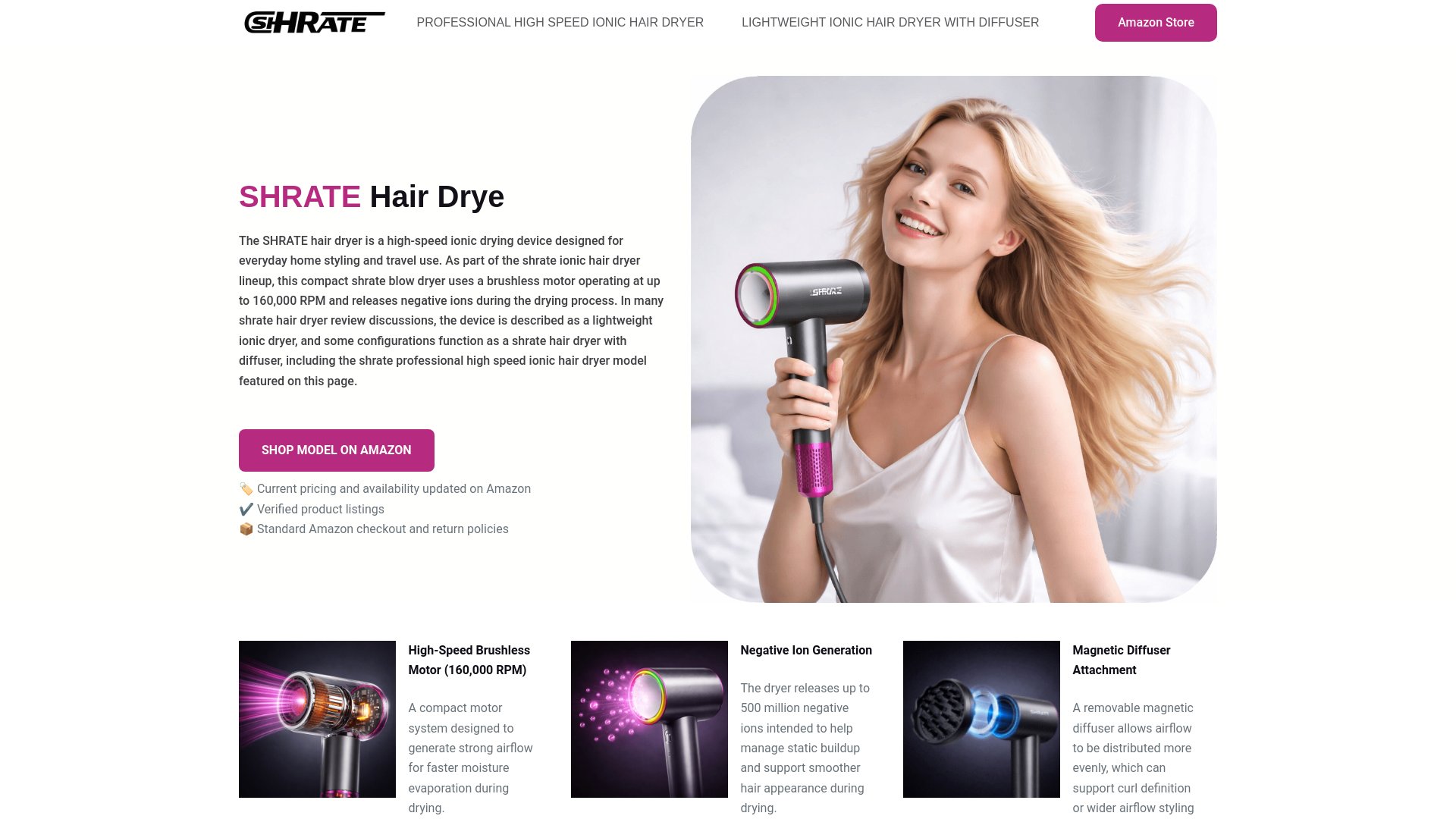 website screenshot of https://shratehairdryer.com