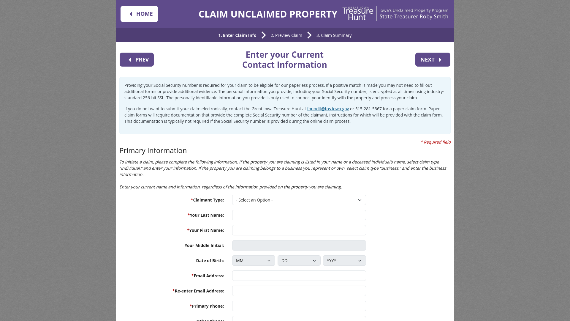 website screenshot of https://www.greatiowatreasurehunt.gov/app/claim-info