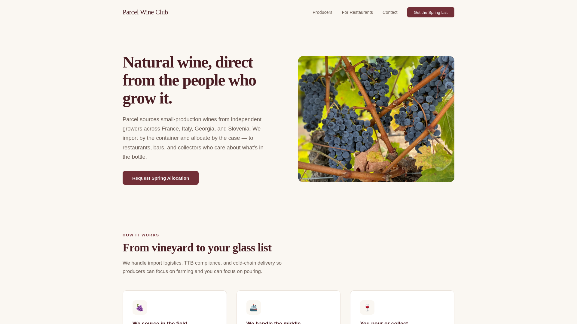 website screenshot of https://parcelwine.club/