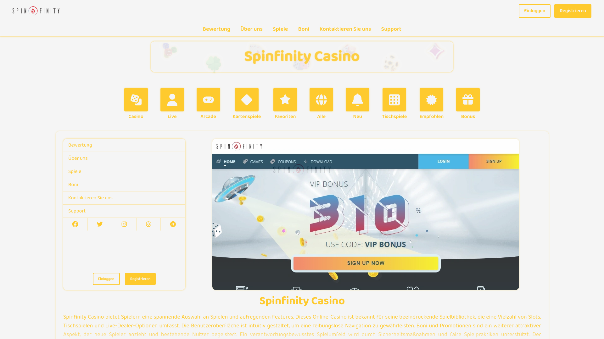 website screenshot of https://spinfinitycasino.de/