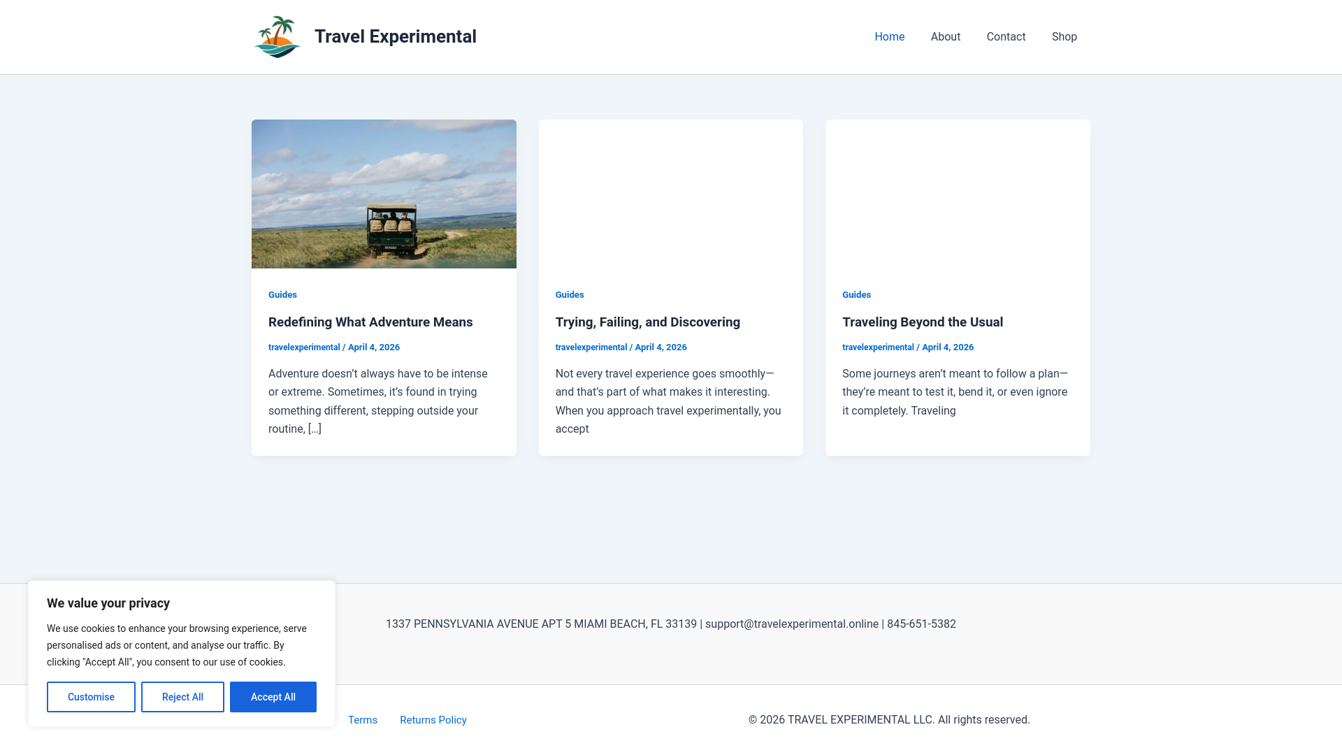 website screenshot of https://travelexperimental.online/