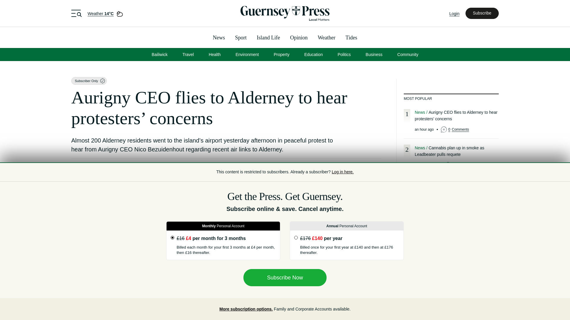 website screenshot of https://guernseypress.com/news/2026/03/23/aurigny-ceo-flies-to-alderney-to-hear-protesters-concerns