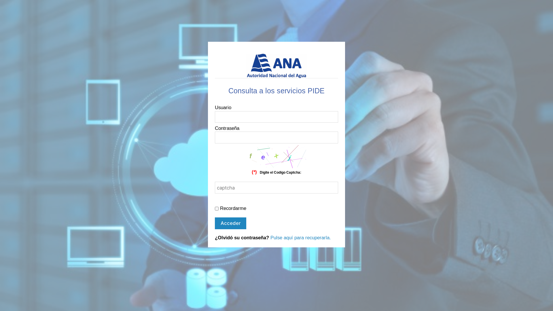 website screenshot of https://snirh.ana.gob.pe/consultasPIDE/frmLogin.aspx?ReturnUrl=%2fconsultaspide