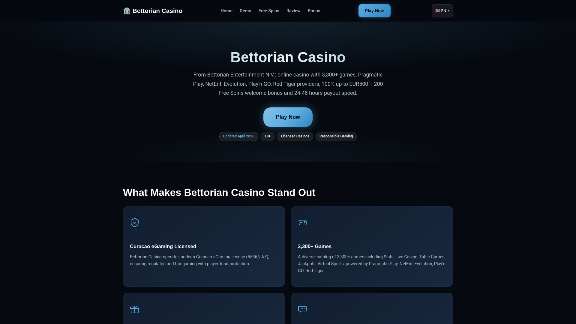 website screenshot of https://bettorian-casino.site/