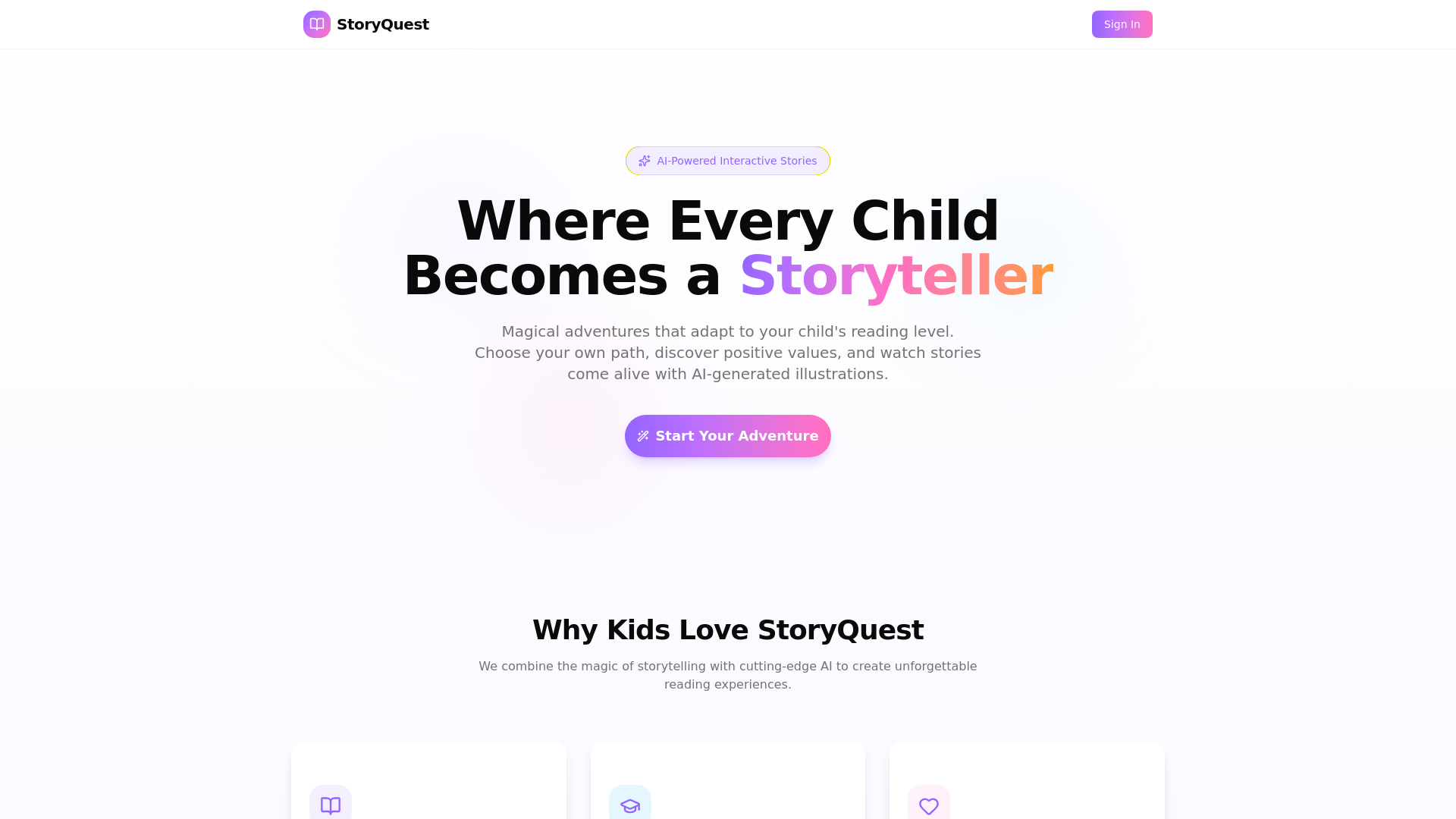 website screenshot of https://storyquest.kids