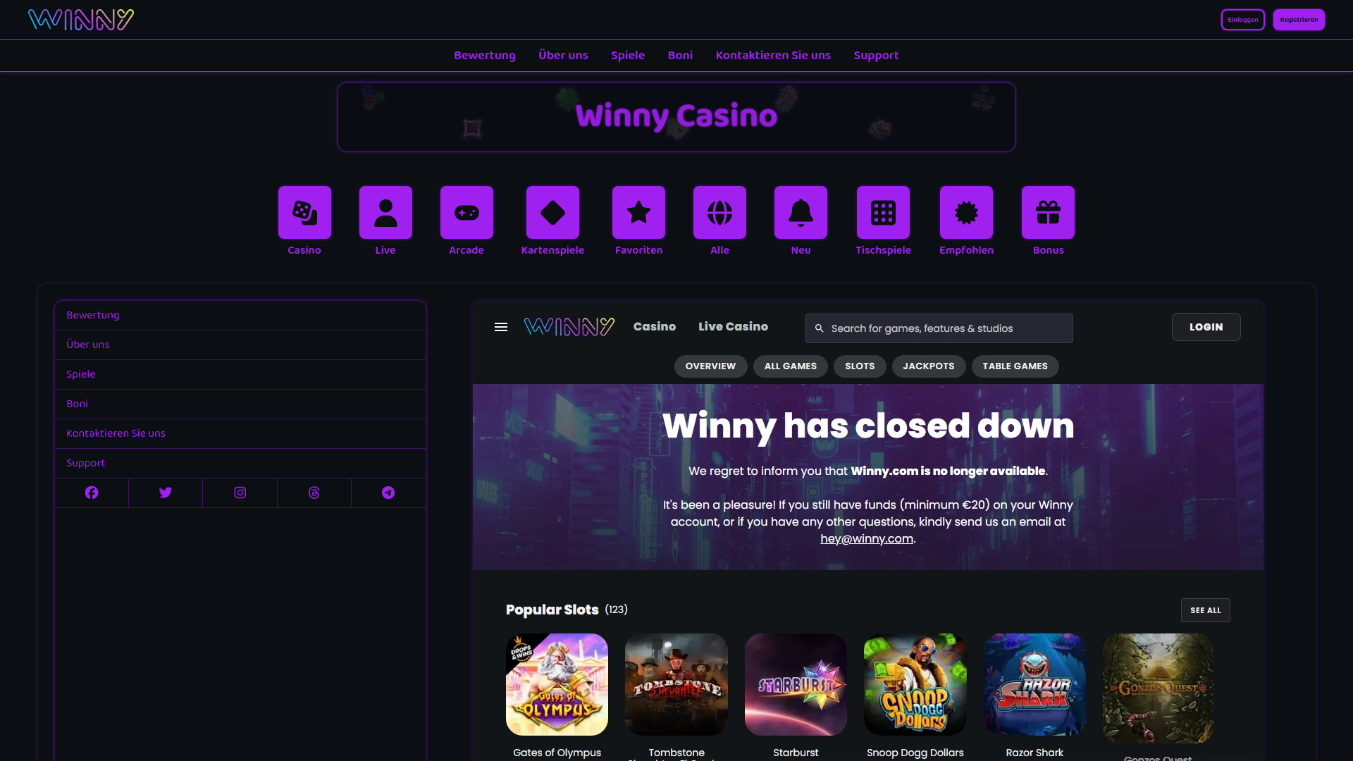 website screenshot of https://casinowinny.de/