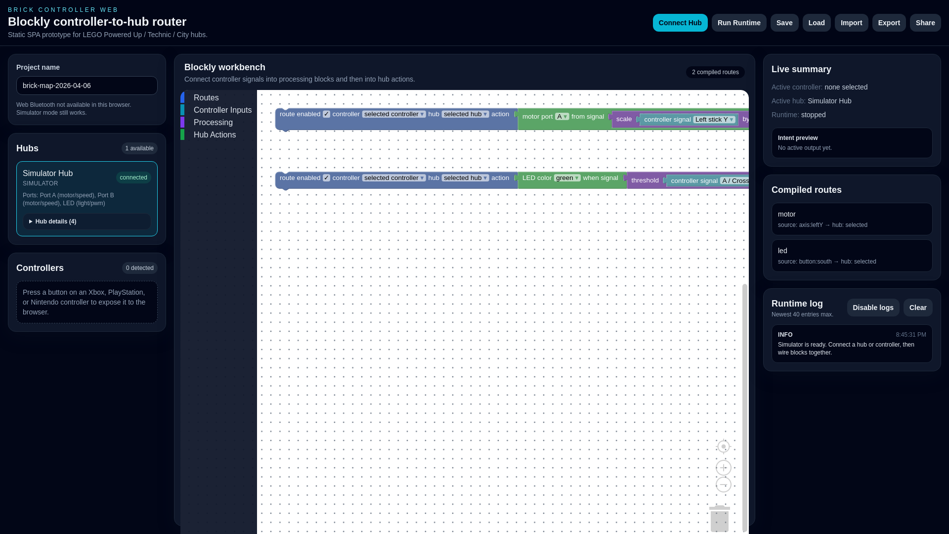 website screenshot of https://brick-controller-web.pages.dev/