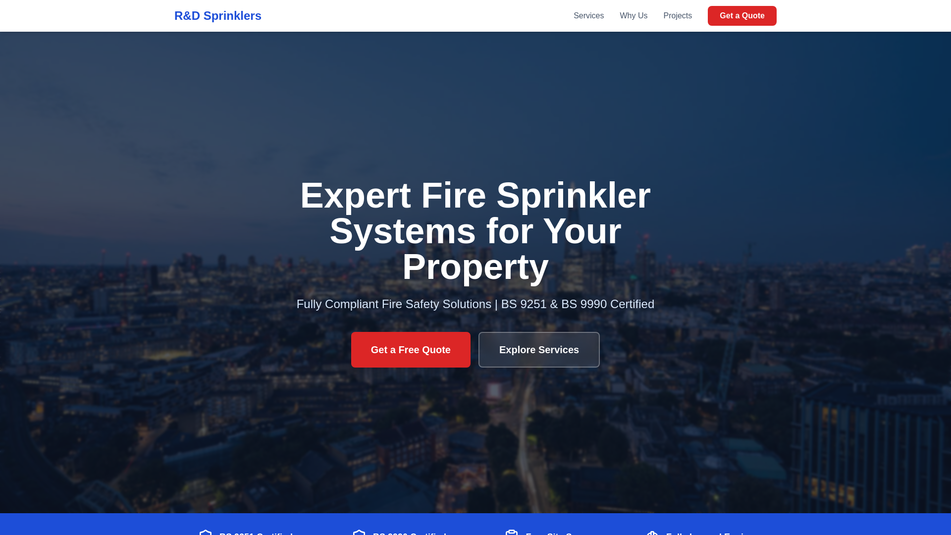 website screenshot of https://randdsprinklers.co.uk